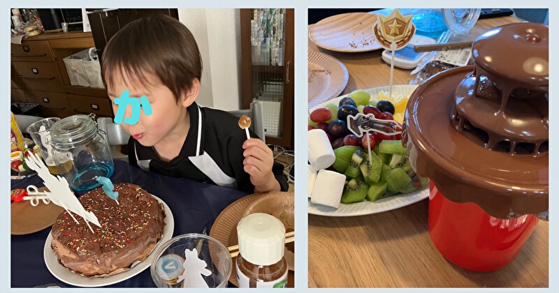 チョコケーキを食べようとする男の子とチョコレートファウンテングッズ