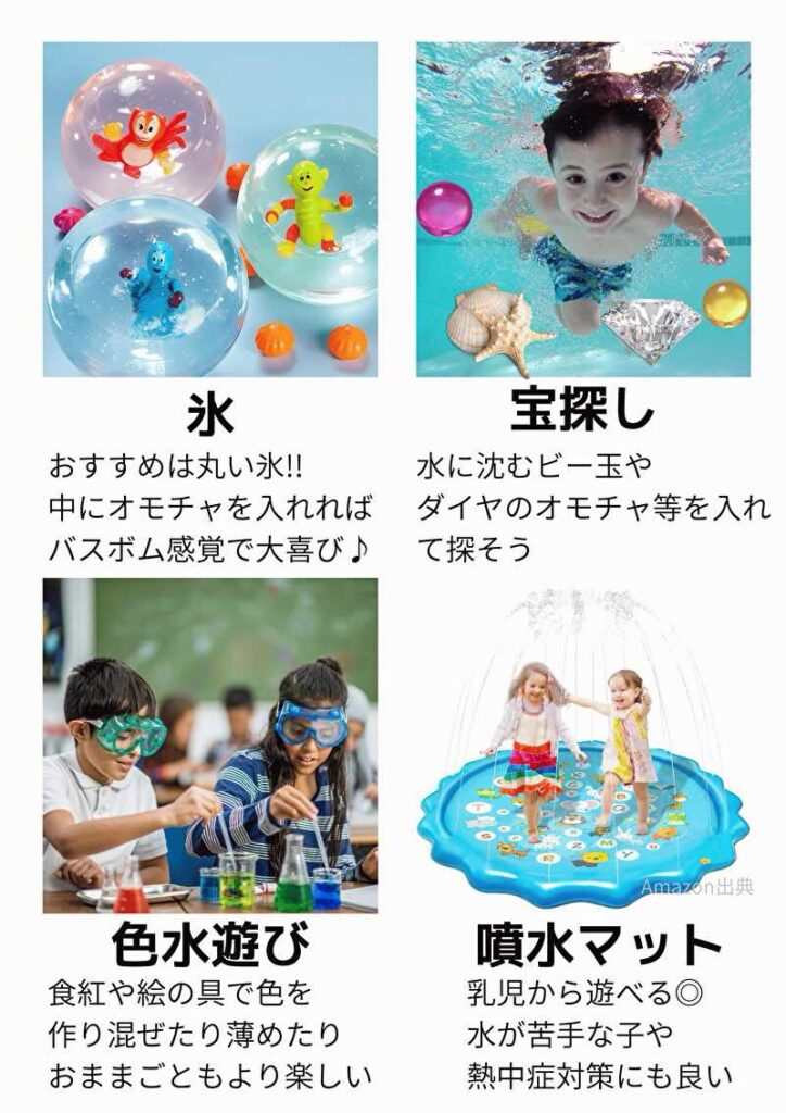 氷遊び・宝探し・色水遊び・噴水マットの図解